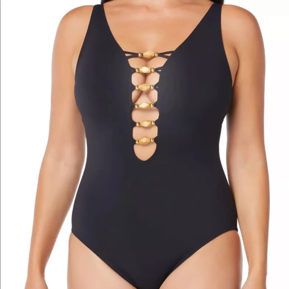 Bleu Rod Beattie Paradise Found Lace Down Mio One Piece Swimsuit: Size 8: Blk
